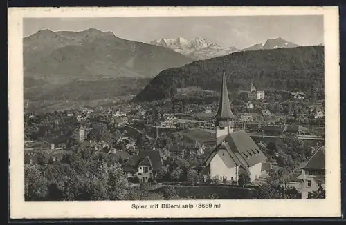 AK Spiez, Ortsansicht mit Blüemlisalp und Kirche