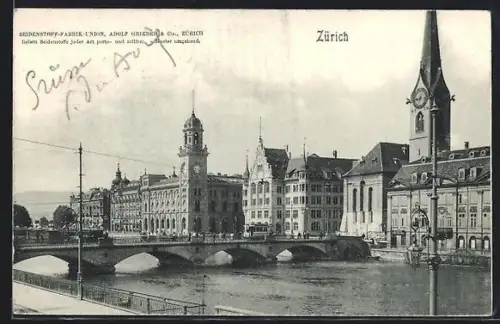 AK Zürich, Brückenpartie mit Strassenbahn, Seidenstoff-Fabrik-Union Adolf Grieder & Cie.