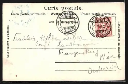 AK Zürich, Brückenpartie mit Strassenbahn, Seidenstoff-Fabrik-Union Adolf Grieder & Cie.