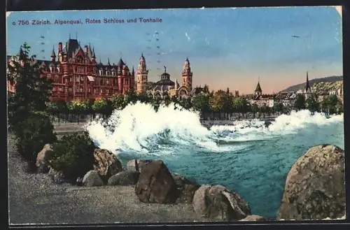 AK Zürich, Alpenquai, Rotes Schloss und Tonhalle