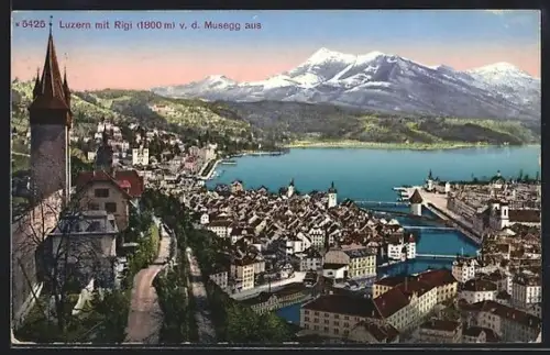 AK Luzern, Ortsansicht mit Rigi v. d. Musegg aus