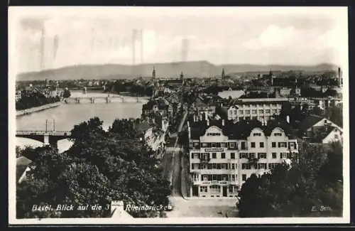 AK Basel, Blick auf die 3 Rheinbrücken, Gasthof Elsässerhof