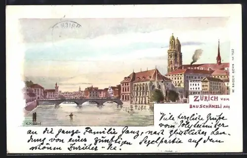 Lithographie Zürich, Uferpartie mit Kirche vom Bauschänzli aus