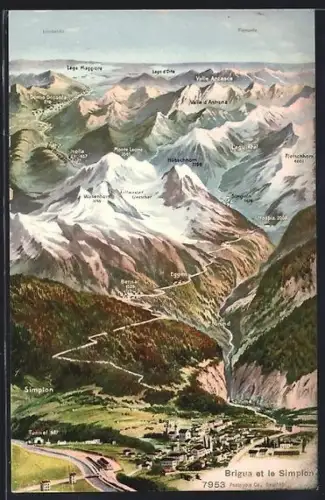 Künstler-AK Brigue, Panorama et le Simpon, Eggen, Grund & Hübschhorn
