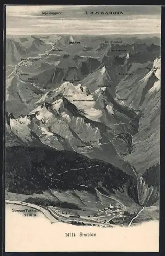 Künstler-AK Simplon, Panorama mit Simplon-Tunnel, Eggen, Kaltwasser-Gletscher und Lago Maggiore