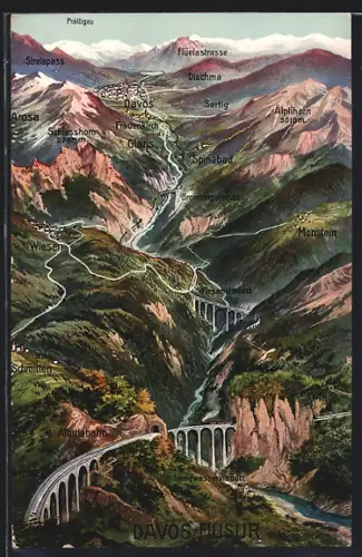 Künstler-AK Davos, Albulabahn Davos-Filisur, Ortsansicht mit Wiesen- und Landwasserviadukt
