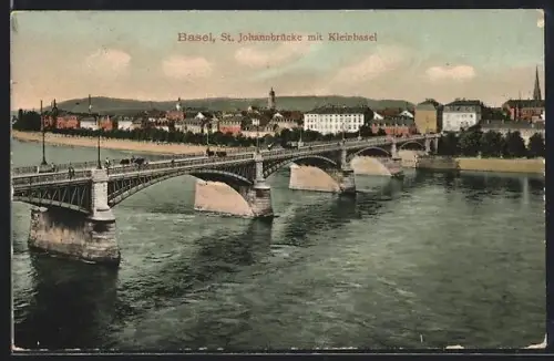 AK Basel, St. Johannbrücke mit Kleinbasel aus der Vogelschau