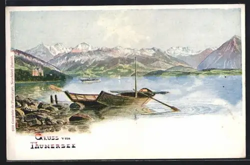 Künstler-AK Thunersee, Panorama mit Boot