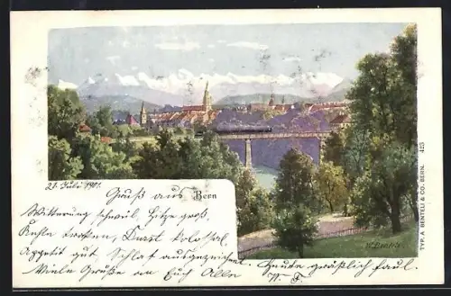 Künstler-AK Bern, Teilansicht mit Eisenbahnbrücke