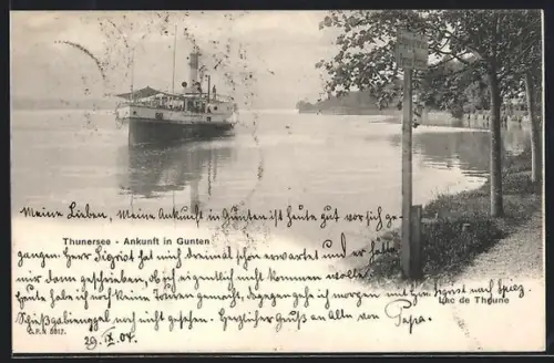AK Gunten /Thunersee, Dampfer bei der Ankunft