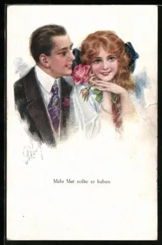 Künstler-AK A.Remy: He wauts more pluck, Liebespaar mit einer Rose
