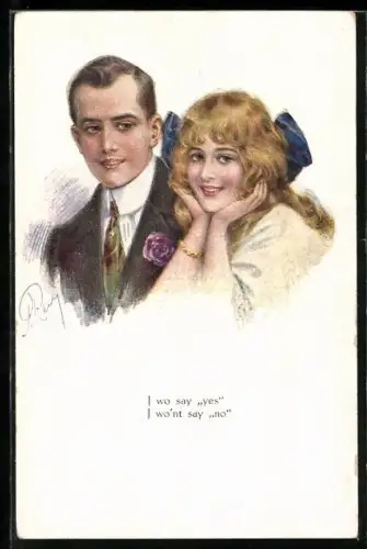 Künstler-AK A. Remy: I won`t say yes, I won`t say no, Frau lässt ihren Verehrer zappeln