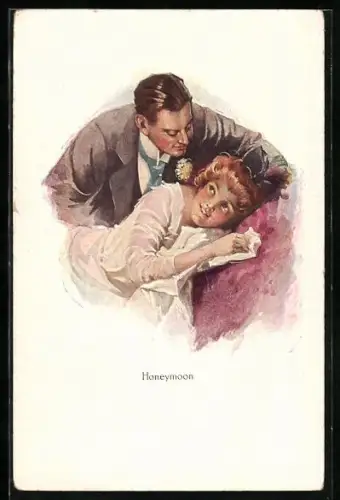 AK Honeymoon, Flitterwochen, Liebespaar, er beugt sich über sie