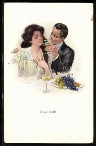 AK good health, Frau trinkt Wein, Liebespaar