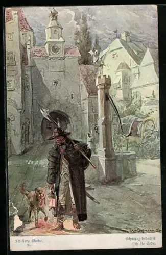 Künstler-AK Hans Kaufmann: Nachtwächter zieht mit Hund durch die Stadt