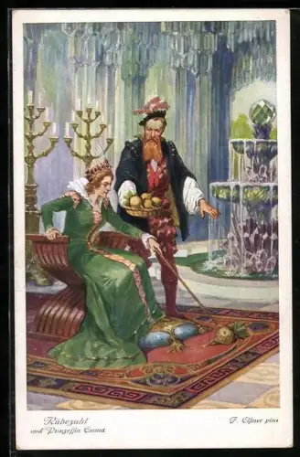 Künstler-AK Felix Elssner: Rübezahl und Prinzessin Emma an einem Brunnen
