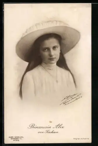 AK Porträt Prinzessin Alix von Sachsen mit Hut
