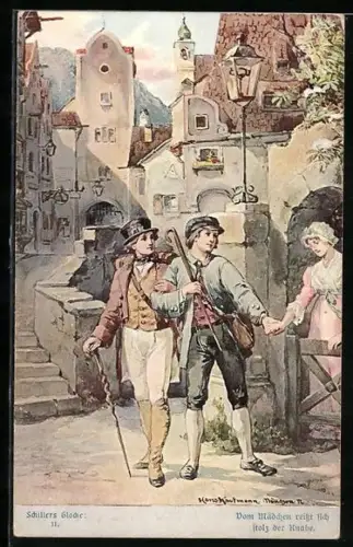 Künstler-AK Hans Kaufmann: Schillers Glocke: II., Vom Mädchen reisst sich stolz der Knabe, Zwei Männer beim Abschied