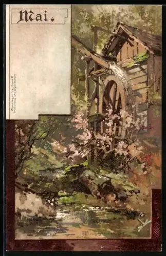 Künstler-AK T.Guggenberger: Monatsgrüsse Mai, Wassermühle mit blühendem Busch