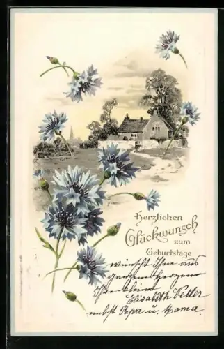 AK Landschaft mit Haus und Kornblumen