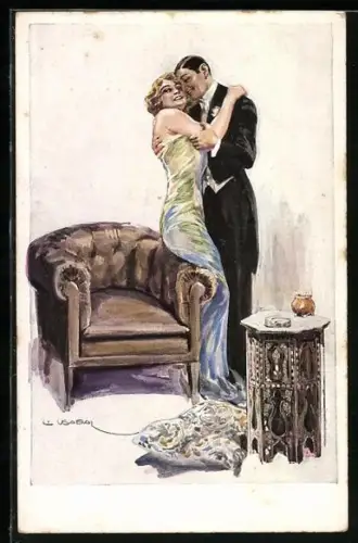 Künstler-AK Luis Usabal: Liebespaar steht innig umarmt an einem Sessel