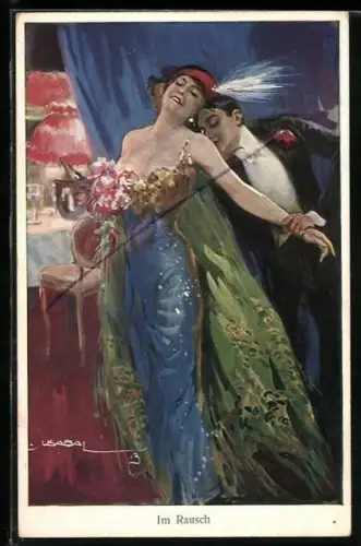 Künstler-AK Luis Usabal: Vertige, Herr im Smoking küsst die Schulter seiner Liebsten