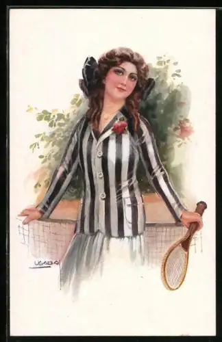 Künstler-AK Luis Usabal: junge Tennisspielerin mit grosser Schleife im Haar