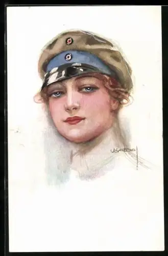 Künstler-AK Luis Usabal: Porträt einer Frau in Uniform mit Schirmmütze