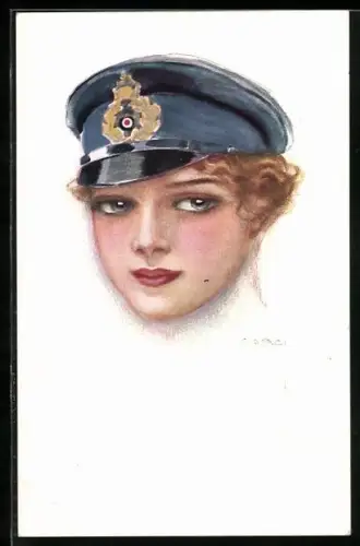 Künstler-AK Luis Usabal: Dame mit Militärmütze