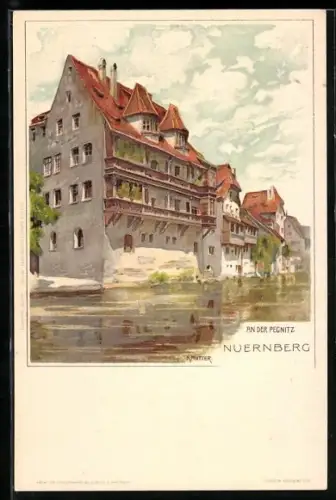 Künstler-AK K. Mutter: Nürnberg, An der Pegnitz, Blick zum Haus