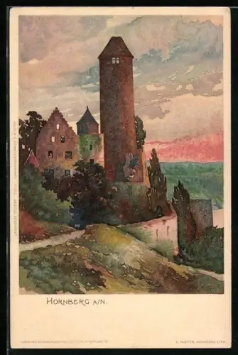 Künstler-AK Karl Mutter: Hornberg a. N., Teilansicht mit Turm im Abendlicht