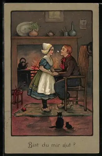 Künstler-AK Ethel Parkinson: junges Paar vor Kamin