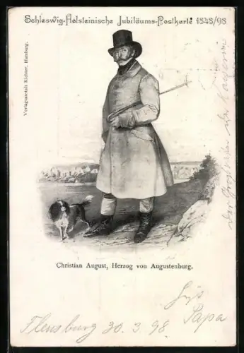 AK Schleswig-Holstein, Jubiläum Revolution 1848-1898, Herzog Christian August von Augustenburg mit Zylinder und Hund