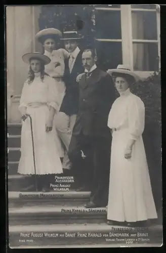 AK Prinz August Wilhelm mit Braut, Prinz Harald von Dänemark mit Braut und Prinzessin Margarethe