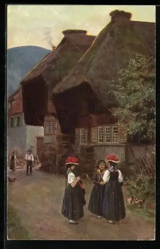 Künstler-AK H. Hoffmann: Häuserpartie m. Frauen in traditioneller Tracht