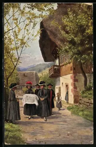Künstler-AK H. Hoffmann: Die Kindtaufe, Frauen in schwarzwälder Tracht laufen durch einen Ort
