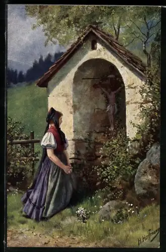 Künstler-AK Heinrich Hoffmann: junge Frau am Bildstöckl
