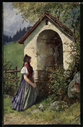 Künstler-AK Heinrich Hoffmann: junge Frau am Bildstöckl
