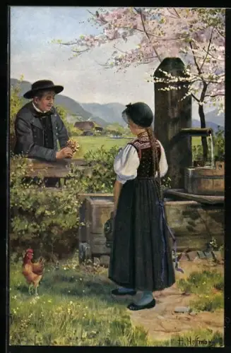 Künstler-AK H. Hoffmann: Junge flirtet mit Mädchen am Zaun