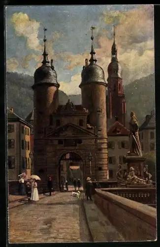 Künstler-AK Heinrich Hoffmann: Heidelberg, Das Brückentor und das Denkmal Karl Theodors auf der alten Neckarbrücke