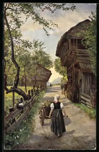 Künstler-AK Heinrich Hoffmann: Frau in Tracht auf einer Dorfstrasse im Oberprechttal