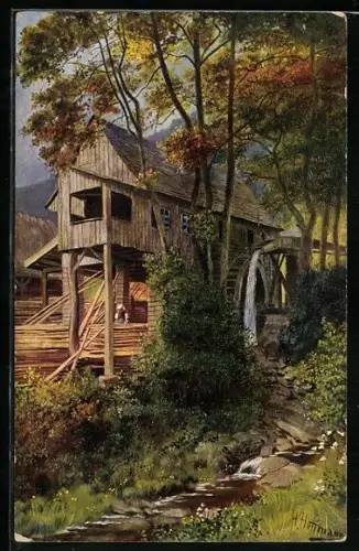 Künstler-AK H. Hoffmann: Sägemühle im Schwarzwald, Aussenansicht der Wassermühle