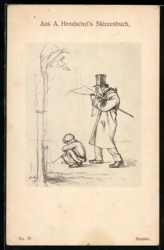 Künstler-AK Albert Hendschel: Junge hockt auf dem Boden, Mann mit Zeitung