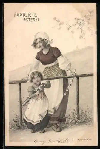 Künstler-AK R. Kratky: Frau und Tochter mit Weidenkätzchenzweig