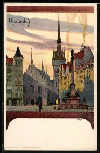Künstler-AK Heinrich Kley: Besucher auf dem Marienplatz bei Sonnenuntergang