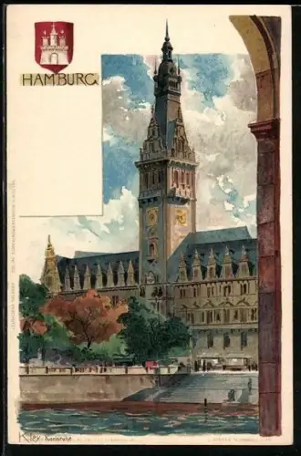 Künstler-AK Heinrich Kley: Hamburg, Wappen, Rathaus