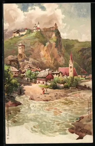 Künstler-AK F.Perlberg: Klausen, Panorama mit Kloster Säben, Kirche