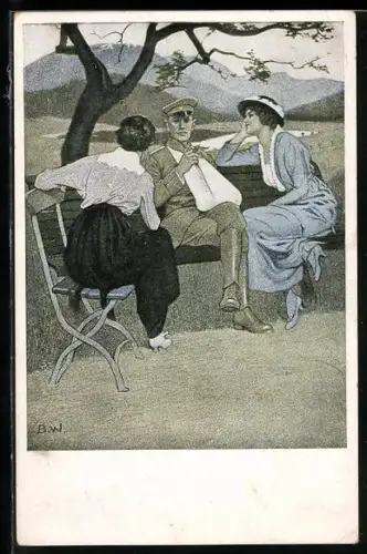 Künstler-AK Brynolf Wennerberg: Daheim, verwundeter Soldat mit Frauen auf der Bank