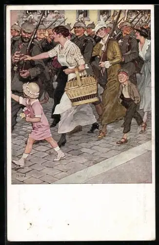 Künstler-AK Brynolf Wennerberg: Soldaten beim Kriegsausmarsch