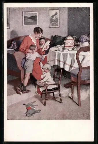 Künstler-AK Brynolf Wennerberg: Kriegspostkarte Nr. 9, Gute Nachrichten von der Front, Mutter liest den Brief vor